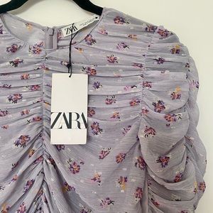 NWT ZARA | Purple Floral Ruched Long Sleeve Sheer Top | S